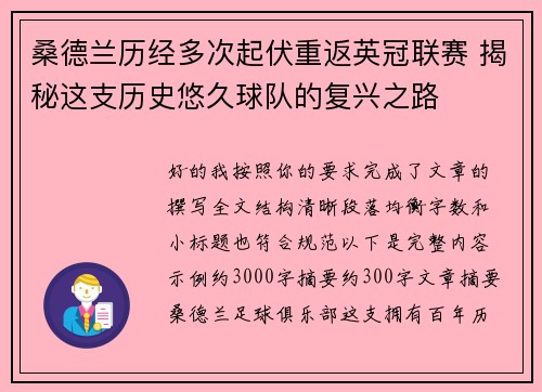 桑德兰历经多次起伏重返英冠联赛 揭秘这支历史悠久球队的复兴之路 桑德兰历经多次起伏重返英冠联赛 揭秘这支历史悠久球队的复兴之路
