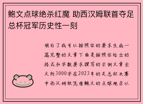 鲍文点球绝杀红魔 助西汉姆联首夺足总杯冠军历史性一刻
